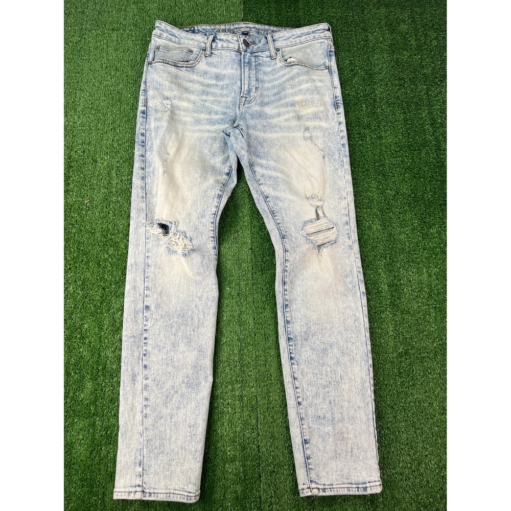 American Eagle Mens Skinny Distressed Acid Wash Jeans Light Blue 34x32